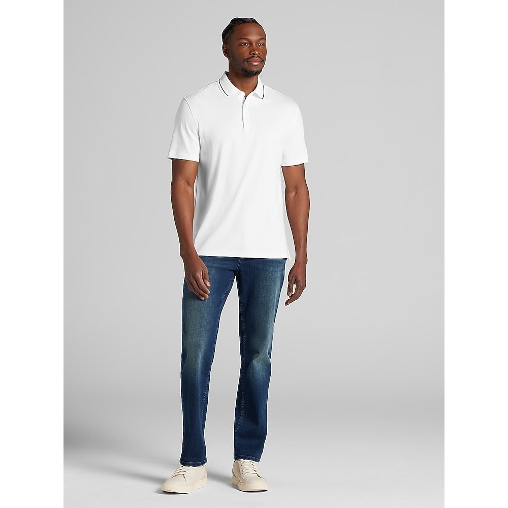 Joseph Abboud Mens XXL White Ribbed Cotton Modern Fit Polo Shirt Blue Trim